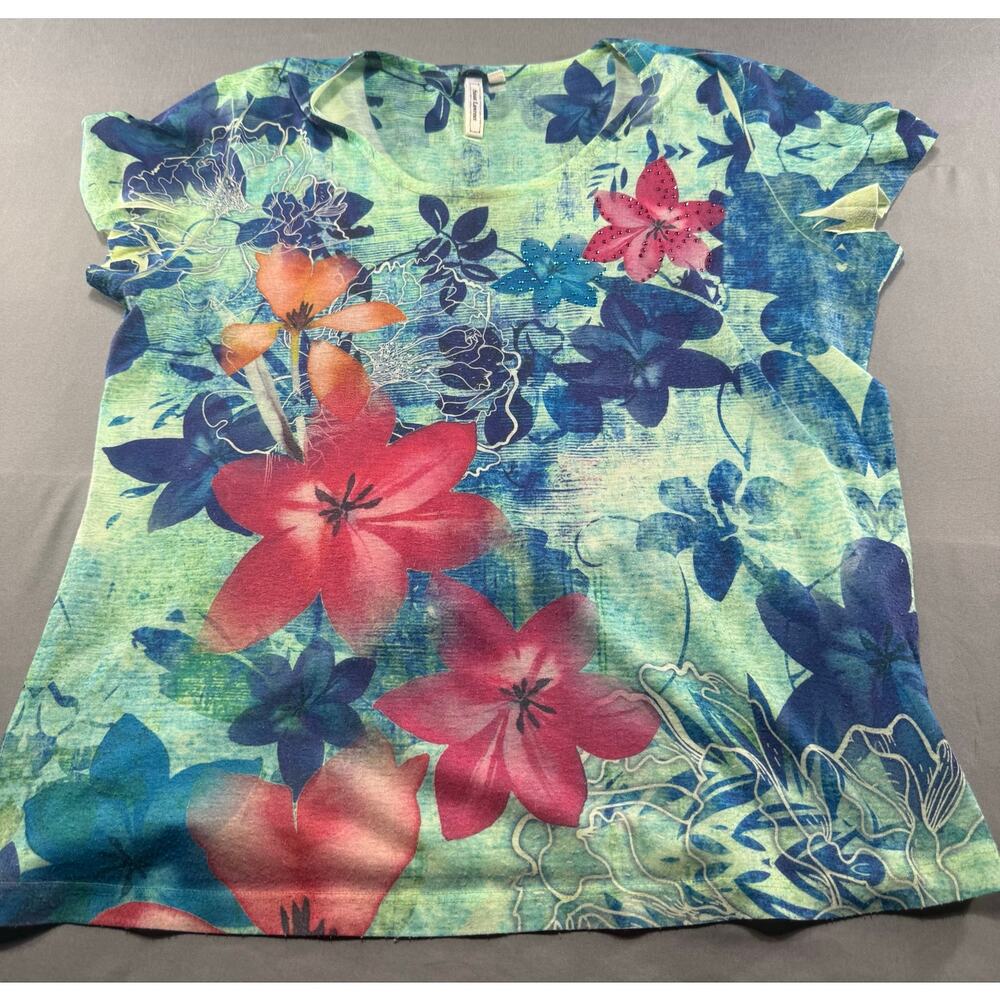 Susan Lawrence Women’s Floral Rhinestone Top Blue Aqua Pink Tropical Size Large